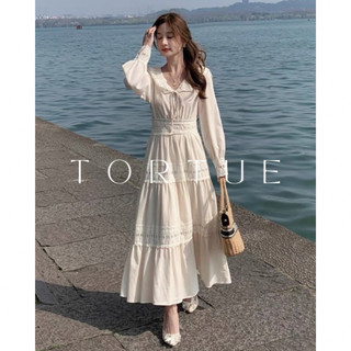 [Sẵn] V383 Đầm váy dài tay phối đen tiểu thư nhẹ nhàng hè phong cách Pháp Retro Vintage Taobao 2024