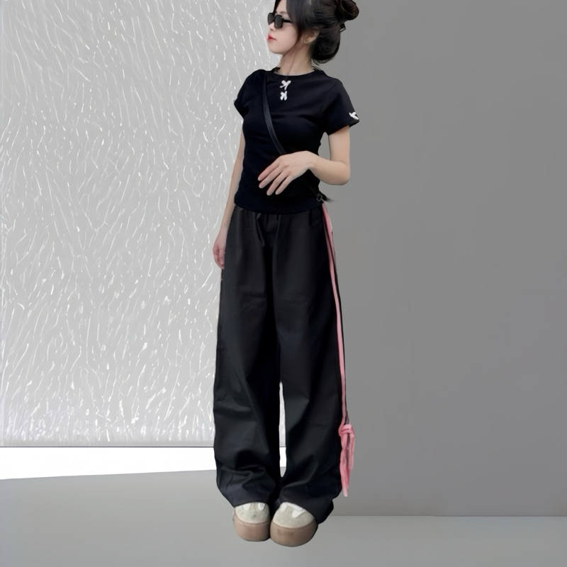 Sét Bộ Hottrend Gồm Áo Thun Babytee 2 Nơ + Quần Suông Kaki 4 Sọc | BigBuy360 - bigbuy360.vn