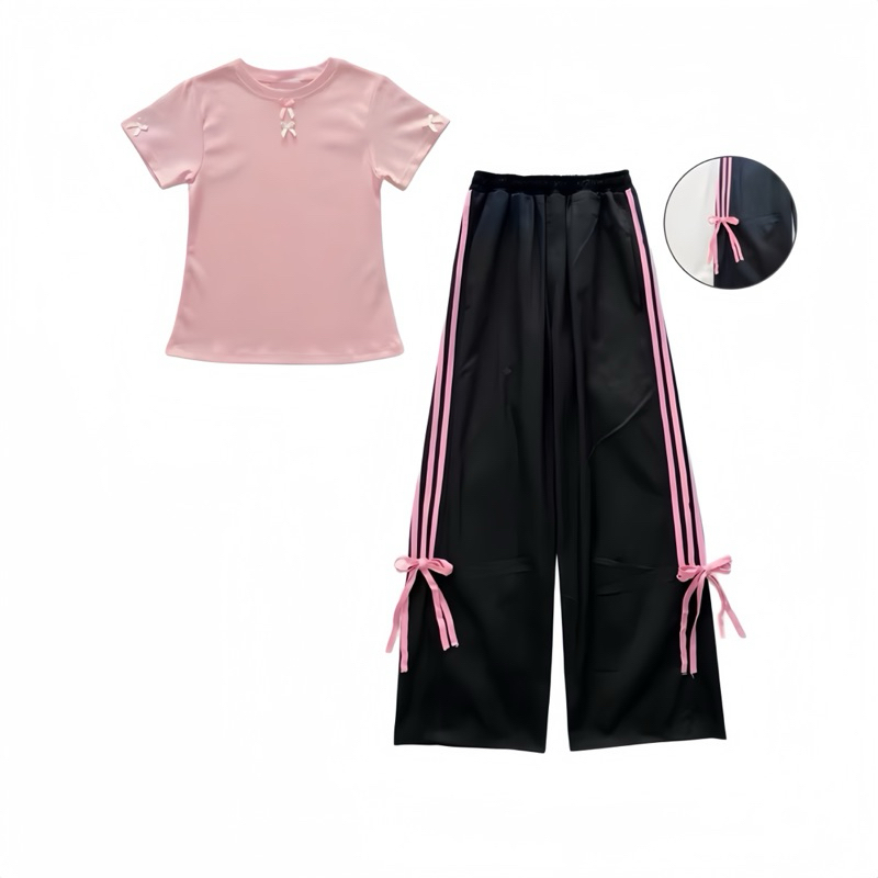 Sét Bộ Hottrend Gồm Áo Thun Babytee 2 Nơ + Quần Suông Kaki 4 Sọc | BigBuy360 - bigbuy360.vn