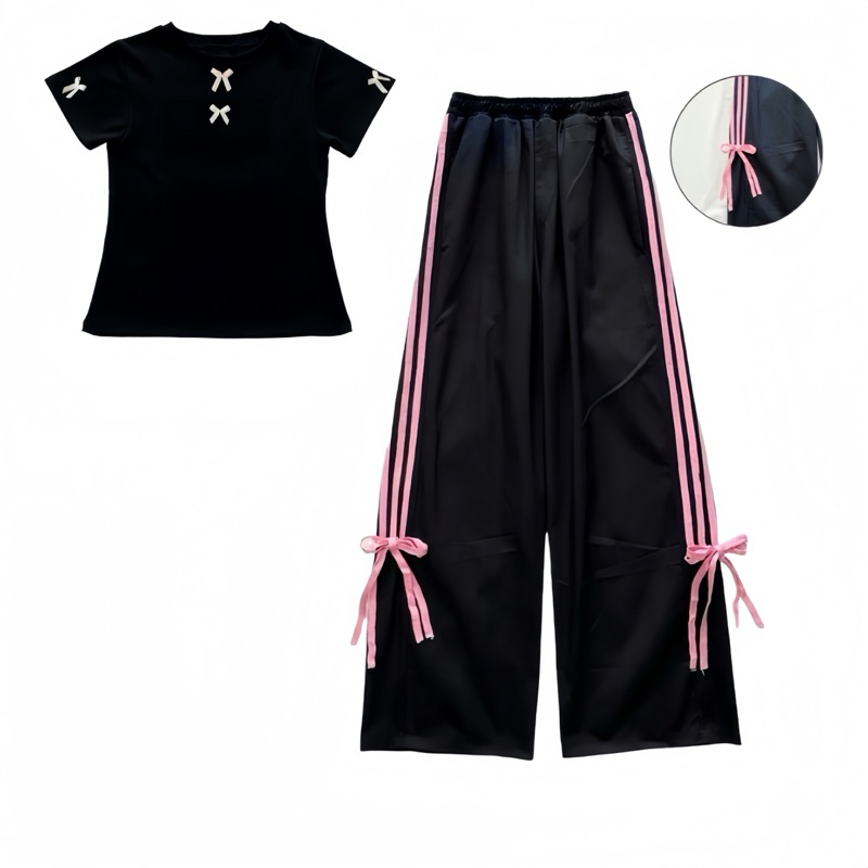 Sét Bộ Hottrend Gồm Áo Thun Babytee 2 Nơ + Quần Suông Kaki 4 Sọc | BigBuy360 - bigbuy360.vn