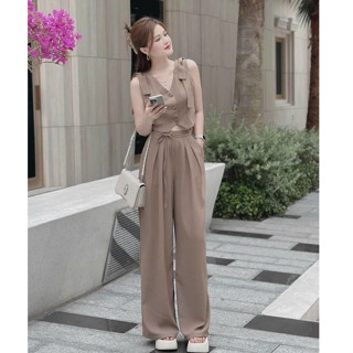 Set bộ thời trang nữ cotton lạnh áo Ghile đính nút nơ vai phối quần ống suông