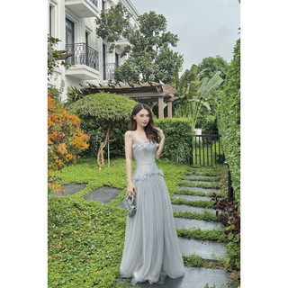 [MERR] Đầm Dự Tiệc Tay Lưới Đính Hoa Viền Đá Sang Chảnh