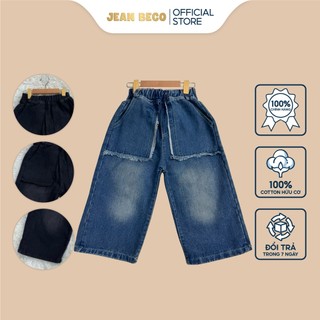 Quần jeans bé gái JEANBECO, quần bò dáng suông dài ống rộng phối lai tua rua QD02