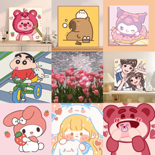 Tranh tô màu số hóa đã căng khung kèm màu, cọ size 20x20, tranh số hóa hoạt hình, bé ba, phong cảnh, loopy, cappy bara