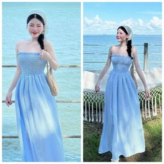 Đầm thời trang nữ mặc đi chơi biển chất xốp caro chạy mocking váy dài xòe maxi dx
