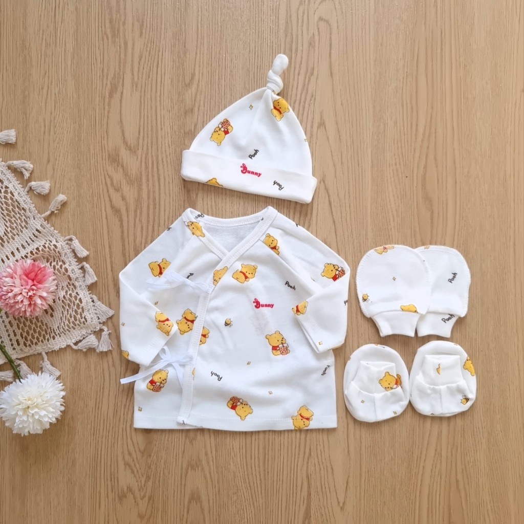Set áo sơ sinh 4 món kèm mũ bao tay vớ chân chất cotton Hàn mềm mại cho bé 0-3 tháng