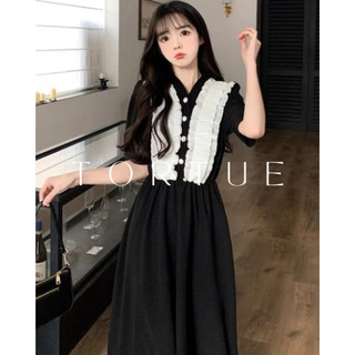 [Sẵn] V386 Đầm váy dài đen phối bèo công sở tiểu thư nhẹ nhàng hè phong cách Pháp Retro Vintage Taobao 2024