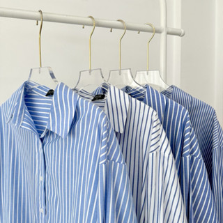 Áo sơ mi nữ kẻ sọc xanh dáng oversize chất thô cotton không nhăn thấm hút mồ hôi [10 màu]