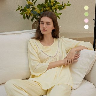  After Bath - Bộ Big Size Mặc Nhà Phối Ren Thêu Họa Tiết Cổ Tròn   Embroidery Pullover Long PJ  PJ086 