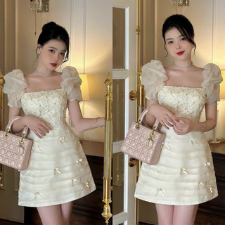 BIGSIZE - Đầm dự tiệc cổ vuông thiết kế điểm nhấn nơ ren đính đá tay bồng sang chảnh 50-90kg