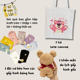 Set quà sinh nhật đã gồm hộp, thiệp và rơm - 3 món túi tote, khăn gấu, hoa vớ