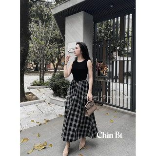 Váy cotton phối tùng kẻ