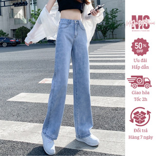 Quần Jean nữ ống rộng dáng suông trơn cạp cao MISU quần bò jeans nữ ôm eo cực tôn dáng màu xanh JT-1