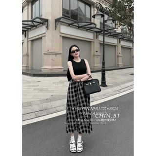 Váy cotton phối tùng kẻ