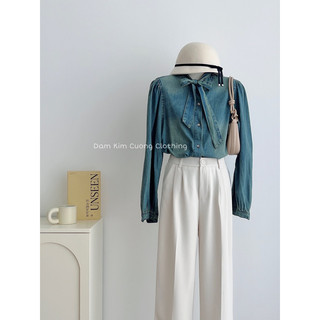 Sơ mi denim nơ cổ