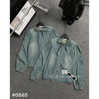 Sơ mi denim nơ cổ
