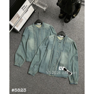 Sơ mi denim nơ cổ