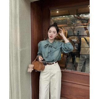 Sơ mi denim nơ cổ