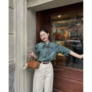 Sơ mi denim nơ cổ