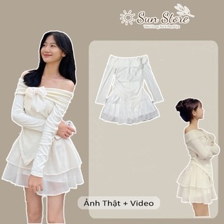 Set áo váy, Set bộ áo trễ vai len tăm và chân váy tơ 2 tầng, Set áo len tăm trễ vai đính dây mix chân váy có quần lót