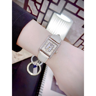 Đồng hồ nữ longines dây da trắng mặt vuông máy quartz siz 28mm viền đá