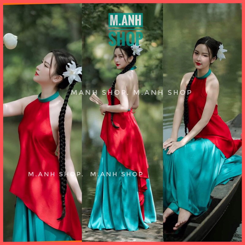 Áo Yếm Diễm Chiêu Đỏ Xanh Chất Liệu Lụa Cao Cấp Chụp Ảnh Nghệ Thuật Lễ Tết