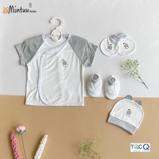 Combo 4 món áo phối màu vải sợi tre, mũ ,bao tay, bao chân bé sơ sinh, thương hiệu MINTUU - 9044