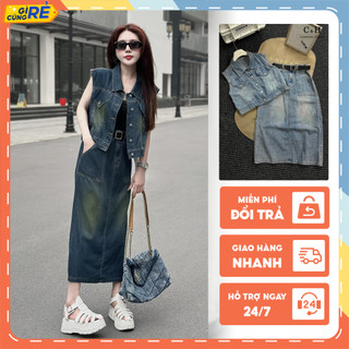 Set Bò Jean nữ Áo Gile sát nách hai nắp túi cùng Chân Váy Maxi dáng dài C&H Clothing
