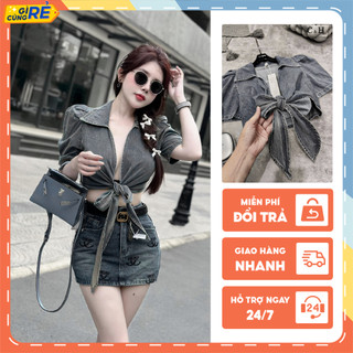 Áo bò jean Cổ bẻ vạt quấn eo buộc nơ Áo sơ mi dáng Croptop ngắn tay C&H Clothing