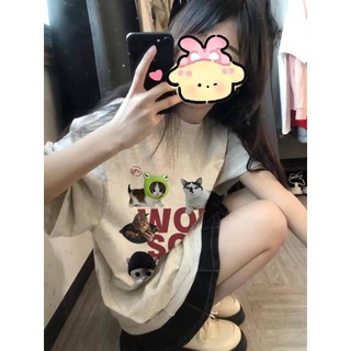 Local brand Focus áo thun xám tiêu in Mùa hè form rộng shirt 2024 áo phông nữ vải mềm cổ tròn tay ngắn 100%cotton
