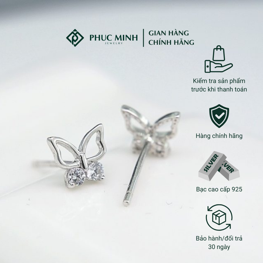[TẶNG KÈM HỘP] Bông tai bạc nữ Phúc Minh Jewelry khuyên tai bướm đính đá nhỏ xinh lấp lánh PMJ0127-5