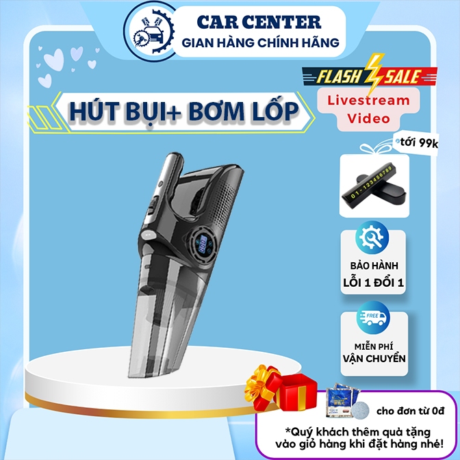 Máy hút bụi ô tô bơm lốp xe ô tô đa năng 4 trong 1 hút bụi, bơm lốp, đo áp suất lốp, đèn pin bảo hành 6 tháng