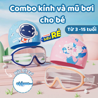 Combo kính bơi trẻ em kèm mũ và nút bịt tai chống tia UV TOAM, Mũ bơi cho bé trai bé gái chống nước, sương mù chính hãng