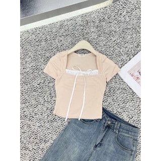 Áo thun cổ vuông ren nơ coquette style croptop chất thun tăm lạnh 247store - Atcovuongbeo294_P0K7