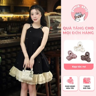 Đầm đuôi cá đính đá sang trọng đầm cổ yếm dáng xòe phối voan hàng QC cao cấp phong cách nữ tính