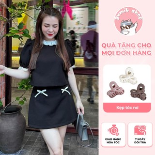 Set chân váy chữ A túi nơ phối ren cổ tay