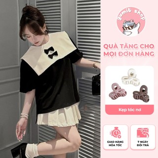 Set chân váy xếp ly kèm áo kiểu nữ phối nơ ngực 2 màu đen kem có bán lẻ áo