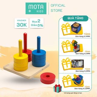 Đồ chơi chốt đứng màu với 3 màu với đĩa tròn cho bé từ 15-18 tháng Montessori Mota - Phát triển sự phối hợp tay và mắt