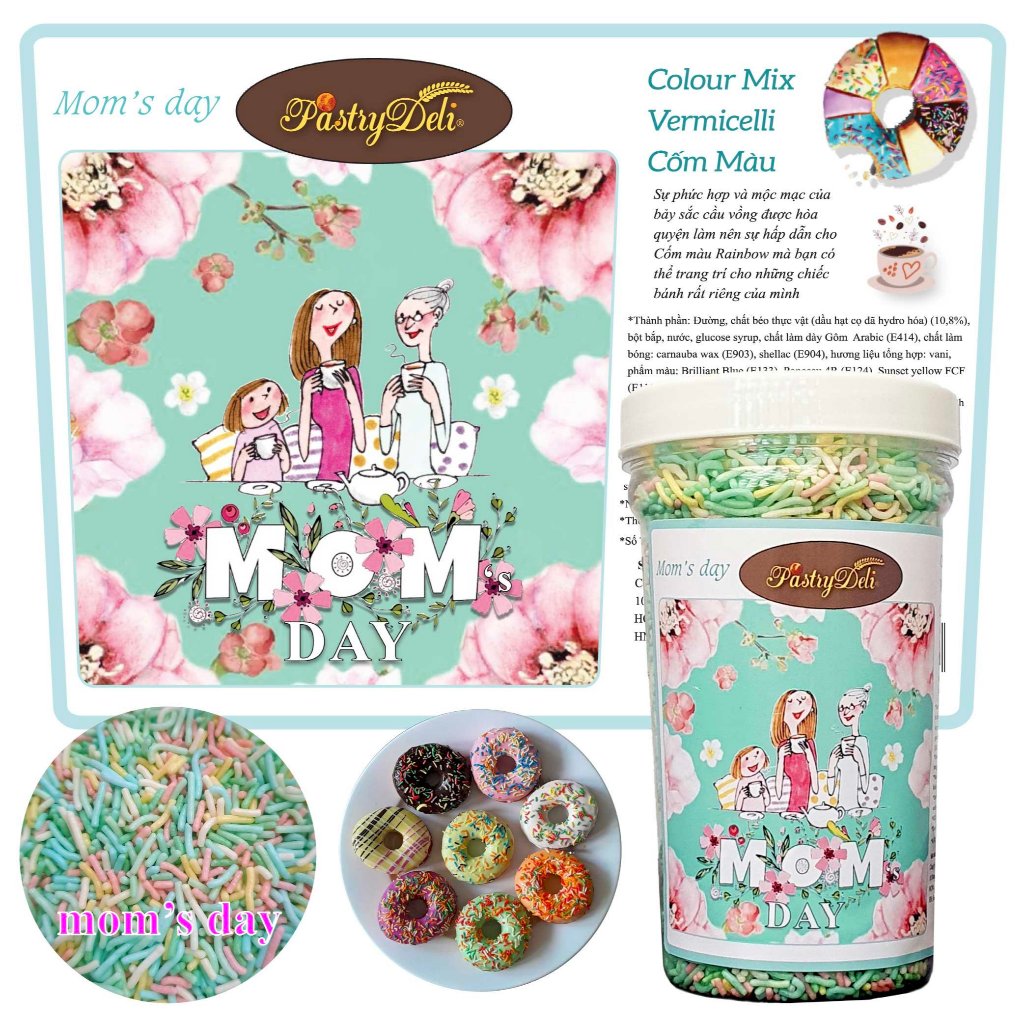 CỐM MÀU TRANG TRÍ BÁNH PASTRY DELI | PASTRY DELI Colour Mix Vermicelli  Mom's day Hộp 250g