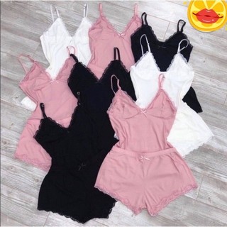 Bộ ngủ thun lạnh gân tăm phối ren xinh xắn siêu mát CP01