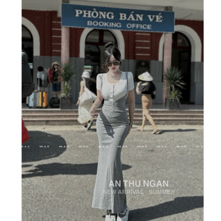 Set đầm yếm đuôi cá dài ôm body mĩ áo phông cúc ngực dễ thương tôn dáng, hàng thiết kế LuciK Shop SB0101