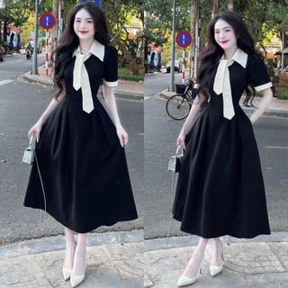 Váy đen dáng dài xòe midi công sở thiết kể cổ cà vạt thanh lịch lollaye