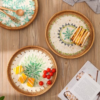 Khay mây tre đan khảm trai trang trí bàn ăn, khay để bình trà ấm chén, decor phụ kiện chụp ảnh