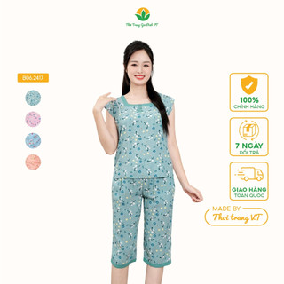 Bộ lanh nữ mặc nhà thời trang Việt Thắng , quần lửng, áo sát nách cổ vuông đáp cổ phối ren  B06.2417