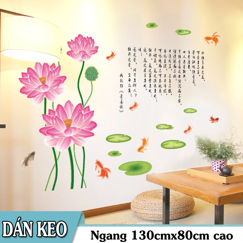 Decal trang trí hoa sen thư pháp