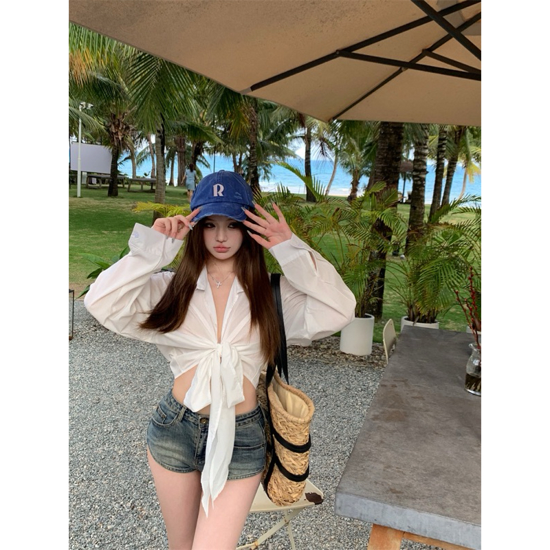 Áo sơ mi dài tay dáng ngắn croptop, áo đi biển ( SM 006) | BigBuy360 - bigbuy360.vn