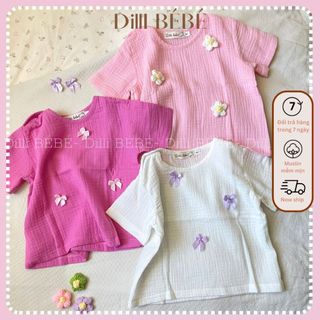 Áo phông cộc tay cho bé vải Muslin Phối Nơ Hoa đồ Hàn Quốc Cao cấp cho bé trai bé gái trẻ em - Dilli Bebe