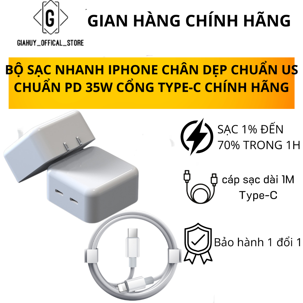 Bộ Sạc Nhanh PD Chân Dẹp CHuẩn US 35W Chống Nóng Chính Hãng Hỗ Trợ Sạc Nhanh , Không Nóng Máy Chuẩn PD bảo hành Hãng