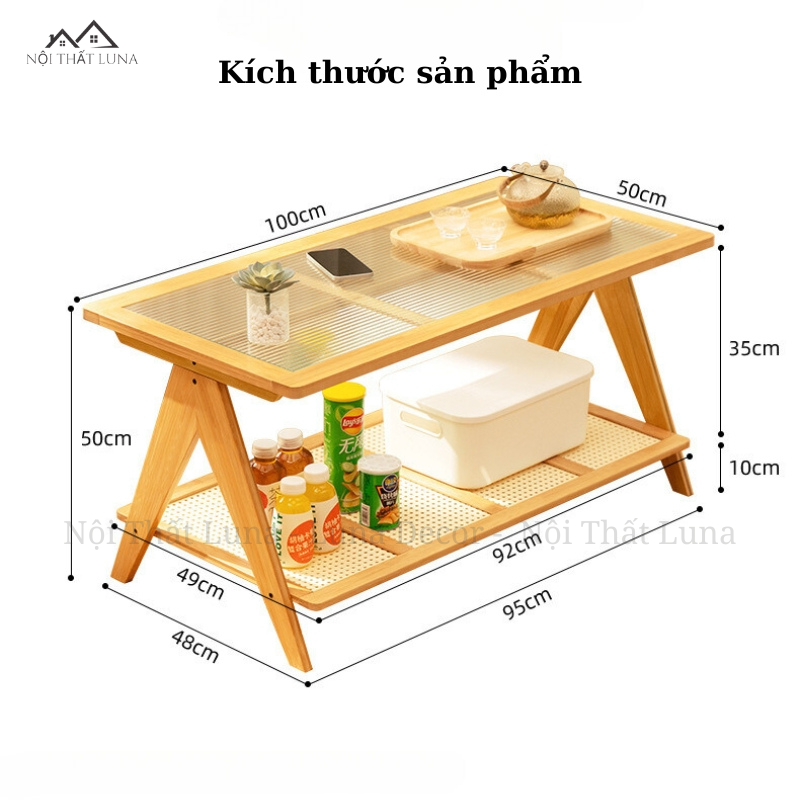 Bàn Trà Chữ Nhật 2 Tầng Mặt Kính Khung Tre, Bàn Cafe Decor Ban Công, Bàn Trà Phòng Khách Sang Trọng - Nội Thất Luna | BigBuy360 - bigbuy360.vn