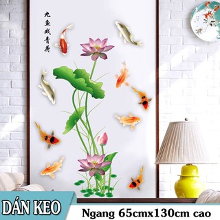 Decal trang trí dán tường - sen hồng chữ hoa cùng đàn cá phú quý